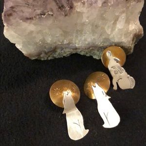Vintage sterling and copper wolf earrings and pin